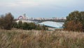 Panoramic view from the Krylatskie Hills park to the cycle track, ice palace and picturesque bridge. Evening view of Moscow.