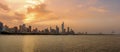 Panoramic View Of Kuwait City Skyline From The Arabian Gulf Sea At Sunset