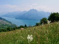 Panoramic view of Lago d'Iseo seen from Fonteno - Riva di Solto Big Bench, Lombardy, Italy. Royalty Free Stock Photo