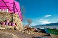 Panoramic view of the lake and beautiful sky background. Royalty Free Stock Photo