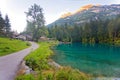 Panoramic view of Lake Blausee in Bernese Highlands, swiss Alps, Switzerland Royalty Free Stock Photo