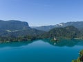 Panoramic view of lake bled, assumption Church on the island and mountains, Slovenia Royalty Free Stock Photo