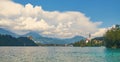 Panoramic view of lake Bled with the castle on the cliff and church on the island