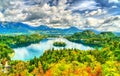 Panoramic view of Lake Bled with the island in Slovenia Royalty Free Stock Photo