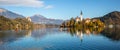 Panoramic view of Lake Bled with St. Marys Church of the Assumption on the small island. Bled, Slovenia, Europe. Royalty Free Stock Photo