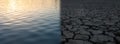 Panoramic view of lake, before and after climate change. Global warming. Withered earth. Save The planet. Royalty Free Stock Photo