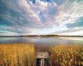 Panoramic view of lake coast on sunset in spring Royalty Free Stock Photo