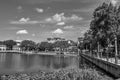 Panoramic view of lake and colorful dockside at Celebration Town in Kissimmee area