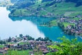 Panoramic view of lake, countryside, green alpine meadows and mountains