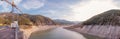 Panoramic view of the lake formed by a dam in the summer period of drought Royalty Free Stock Photo