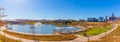 The lake, Fountain, fall vegetation, trails and surrounding downtown Omaha Nebraska buildings at the Heartland of America Park Royalty Free Stock Photo