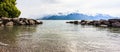 Panoramic view of Lake Geneva with swiss alps background, one of Switzerland`s most cruised lakes in Europe, Vaud, Switzerland. Royalty Free Stock Photo