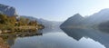 Panoramic view of the lake Grundlsee in the fall during the sunrise. View of the Alps. Village Grundlsee, Styria, Austria Royalty Free Stock Photo