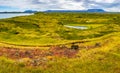 Panoramic view of lake Myvatn and pseudo craters aka volcanic ne