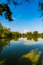 Panoramic view of lake near Lednice castle with minaret tower Royalty Free Stock Photo