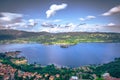 Panoramic view of the lake Orta and the natural landscape of the hills surrounding Orta San Giulio, Italy Royalty Free Stock Photo