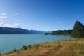 Panoramic view of Lake Pukaki, New Zealand, the turquoise water comes from Mt. Cook and Tasman glacier, South Island Royalty Free Stock Photo