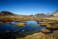 Panoramic view of the lake in spectacular high mountains, Cordillera, Andes, Peru