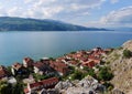 Panoramic view of lakeside village Lin, Albania, Lake Ohrid in the background.