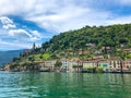 Majestic view of lakeside village of Morcote located on the shore of Lake Lugano in Switzerland.