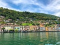 Majestic view of lakeside village of Morcote located on the shore of Lake Lugano in Switzerland.