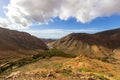 Panoramic view at landscape between Betancuria and Pajara  on Fuerteventura with dammed lake and multi colored volcanic mountais Royalty Free Stock Photo