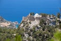 Scenic view at landscape and coastline near Monolithos on Greek island Rhodes with the aegaen sea in the background and old ruins Royalty Free Stock Photo