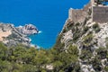 Scenic view at landscape and coastline near Monolithos on Greek island Rhodes with the aegaen sea in the background and old ruins Royalty Free Stock Photo