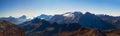 Panoramic view of the landscape of the Dolomites mountains from Sass Pordoi, Italy Royalty Free Stock Photo