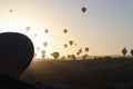 Panoramic view landscape with hot air balloons, sunrise on background