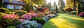 Panoramic view of landscaped home garden, beautiful house backyard Royalty Free Stock Photo