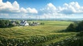 panoramic view of large farm with cornfields and wind turbines, showcasing serene rural landscape Royalty Free Stock Photo