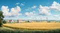 panoramic view of large farm featuring cornfields, wind turbines, and houses under bright blue sky Royalty Free Stock Photo
