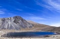 Panoramic view of the las lagunas in the crater of the old Nevado de Toluca volcano.Lake and mountain with blue sky.