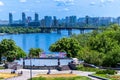 Panoramic view of left bank of Dnypro river and Paton bridge in Kyiv, Ukraine