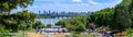 Panoramic view of left bank of Dnypro river and Paton bridge in Kyiv, Ukraine