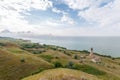 Panoramic view of the lighthouse and the Azov Sea coast near the village of Merzhanovo, Russia in the spring morning Royalty Free Stock Photo