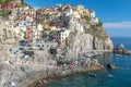 Panoramic view of Ligurian seaside and Manarola village, at Cinque Terre area, Italy