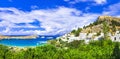 Panoramic view of Lindos bay, Rhodes, Greece Royalty Free Stock Photo