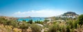 Panoramic view over Lindos village with ruins of ancient Acropolis. Island of Rhodes. Greece. Europe Royalty Free Stock Photo