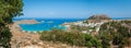 Panoramic view over Lindos village with ruins of ancient Acropolis. Island of Rhodes. Greece. Europe Royalty Free Stock Photo