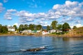 Panoramic view of Lindoya island on Oslofjord harbor near Oslo, Norway, with Lindoya Ost marina and summer cabin houses at