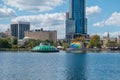 Panoramic view of Linton Allen Fountain and Walt Disney Amphitheater on Lake Eola Park at downtown area 1 Royalty Free Stock Photo