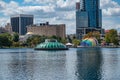 Panoramic view of Linton Allen Fountain and Walt Disney Amphitheater on Lake Eola Park at downtown area 3 Royalty Free Stock Photo