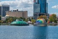 Panoramic view of Linton Allen Fountain and Walt Disney Amphitheater on Lake Eola Park at downtown area 2 Royalty Free Stock Photo
