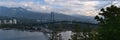 Panoramic view of Lions Gate Bridge, spanning Burrard Inlet, viewed from Prospect Point in Stanley Park, Vancouver, Canada.
