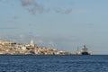 Panoramic view of Lisbon with cruise ship moored and passing through Portugal with tourists