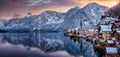 Panoramic view of the little village of Hallstatt, Austria, during winter sunset time Royalty Free Stock Photo