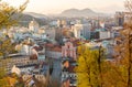 Panoramic view of Ljubljana, capital of Slovenia, at sunset. Empty streets of Slovenian capital during corona virus