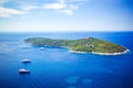 Panoramic view of Lokrum Island Dalmatian Coast of Adriatic Sea in Dubrovnik. Blue sea with white yachts, beautiful landscape, Royalty Free Stock Photo